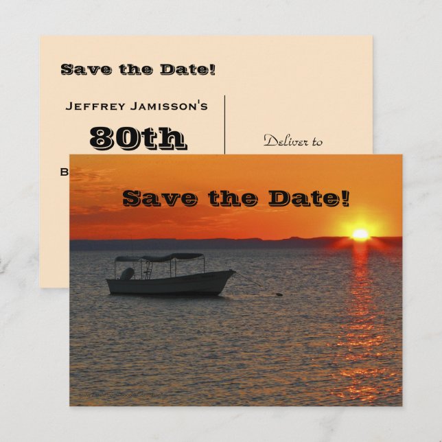 Save the Date 80th Birthday Party, Fishing Boat Announcement Postcard (Front/Back)
