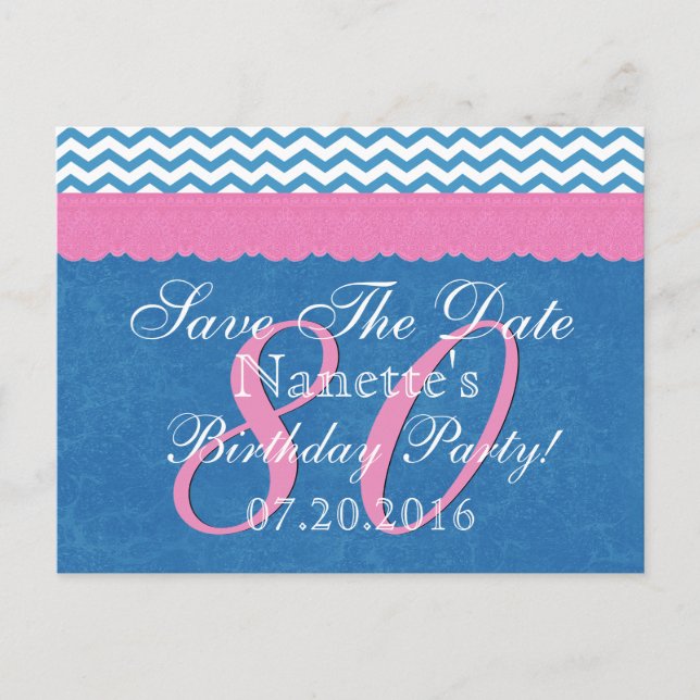 Save the Date 80th Birthday Pink Blue Lace Announcement Postcard (Front)