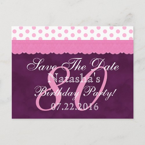 Save the Date 80th Birthday Pink Purple Lace V6 Announcement Postcard