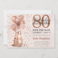 Save The Date 80th Birthday Rose Gold Cake