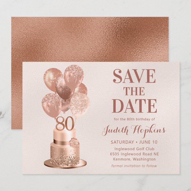 Save The Date 80th Birthday Rose Gold Cake (Front/Back)