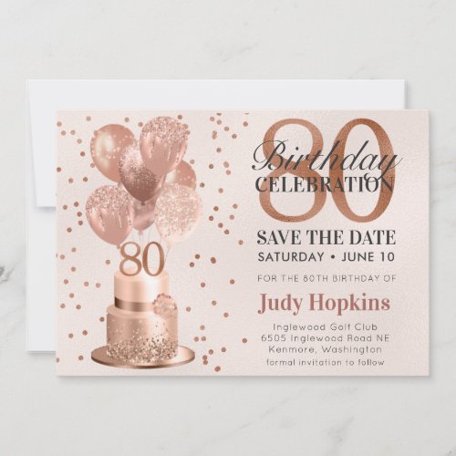 Save The Date 80th Birthday Rose Gold Cake