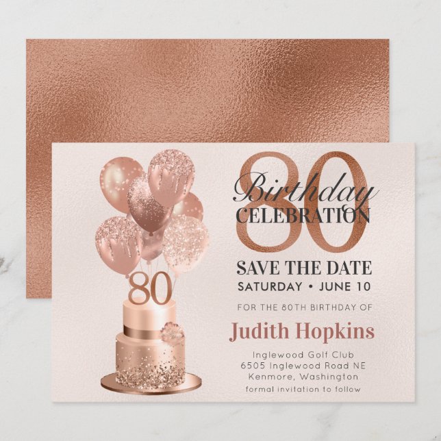 Save The Date 80th Birthday Rose Gold Cake (Front/Back)