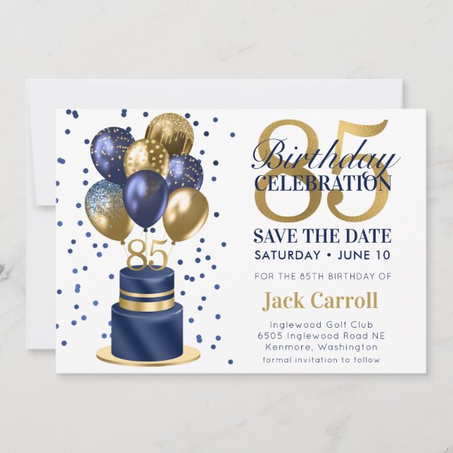 Save The Date 85th Birthday Navy Blue Cake (Front)