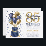 Save The Date 85th Birthday Navy Blue Cake<br><div class="desc">This fabulous men's 85th birthday party Save the Date card featuring a 2-layer navy blue and gold cake with navy blue and gold balloons, the number 85 in gold and shiny blue confetti would be perfect for asking people to put this special date aside for the upcoming 85th Birthday Party....</div>