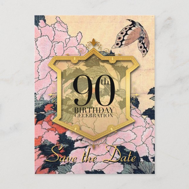 Save the Date 90th Birthday Butterfly Peonies P Announcement Postcard (Front)