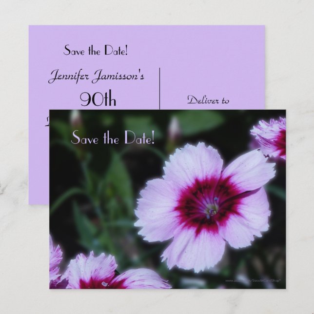 Save the Date 90th Birthday Party Purple Floral Announcement Postcard (Front/Back)