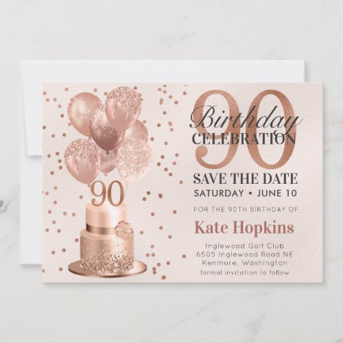 Save The Date 90th Birthday Rose Gold Cake