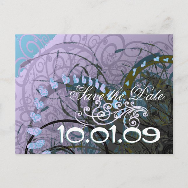 Save The Date Abstract Purple and Blue Hearts Announcement Postcard (Front)