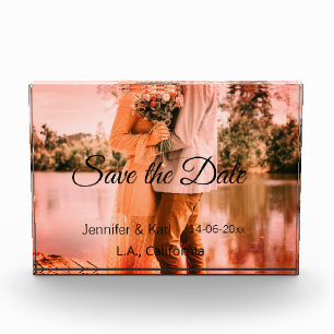 Save the date add couple name place date photo tex block