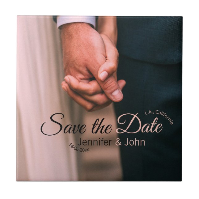 Save the date add couple name place date photo tex ceramic tile (Front)