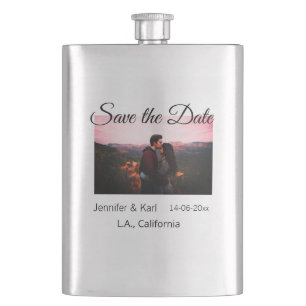 Save the date add couple name place date photo tex flask
