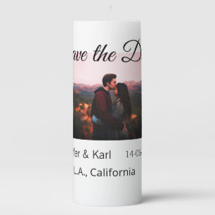 Save the date add couple name place date photo tex pillar candle