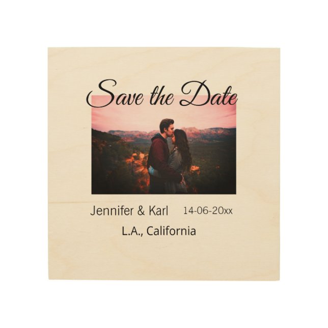 Save the date add couple name place date photo tex wood wall art (Front)