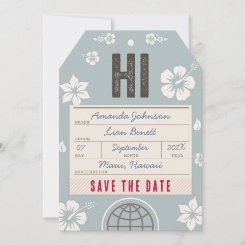Save the Date Airmail Luggage Tag Hawaii in blue