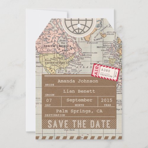 Save the Date Airmail Luggage Tag World Map