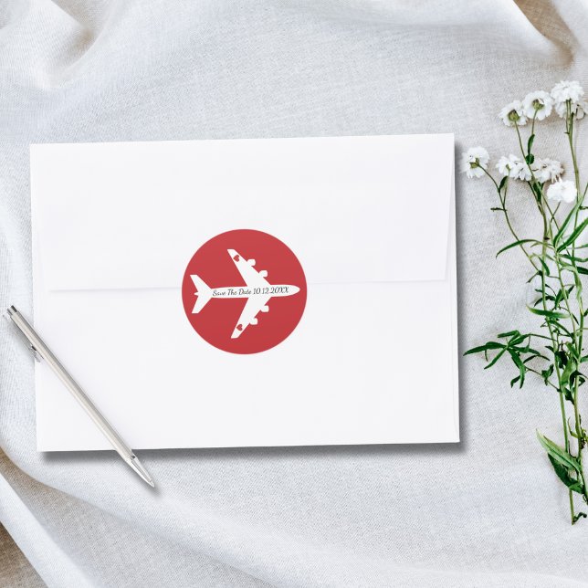 Save The Date Airplane Hearts Wedding Custom Classic Round Sticker (Creator Uploaded)
