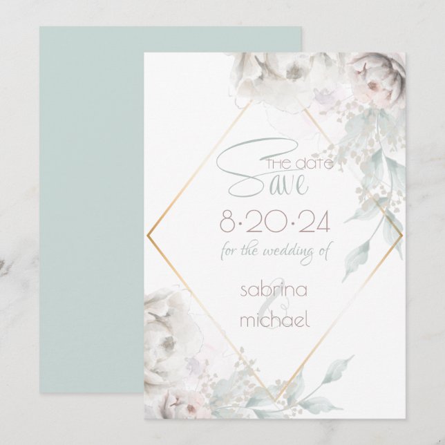 Save the Date | Alabaster White Watercolor Peonies (Front/Back)