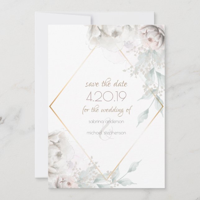 Save the Date | Alabaster White Watercolor Peonies (Front)