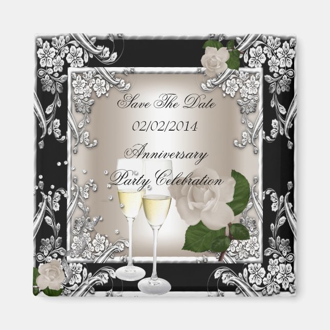 Save The Date Anniversary Wedding Cream Black Magnet (Front)