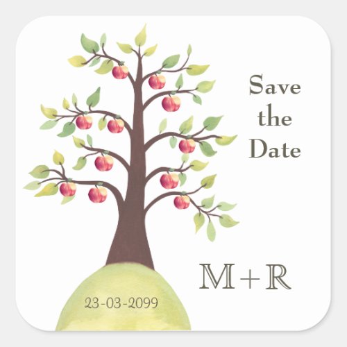 Save the Date Apple Tree Monogram Square Sticker