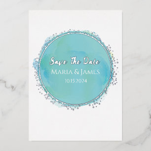Save The Date Aqua Teal Watercolor with Silver Foil Invitation