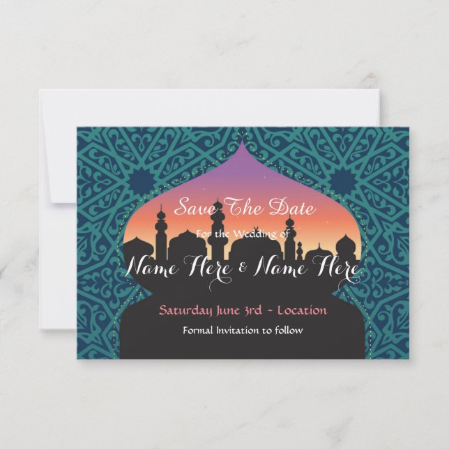 Save The Date Arabian Nights Wedding Teal Invite (Front)
