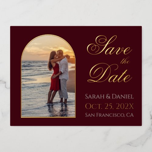 Save the Date Arch Photo Calligraphy Burgundy Gold Foil Invitation Postcard