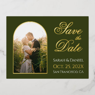 Save the Date Arch Photo Elegant Script Green Gold Foil Invitation Postcard