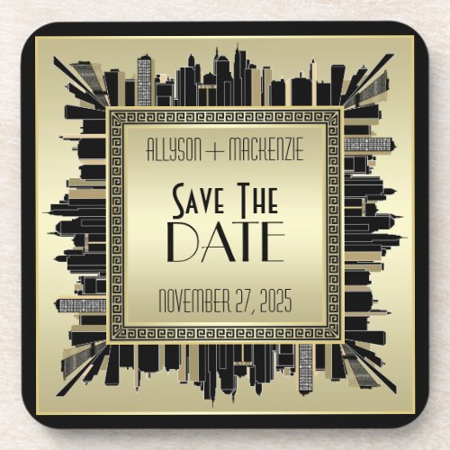 Save the Date Art Deco Champagne Gold Gatsby Glam Beverage Coaster
