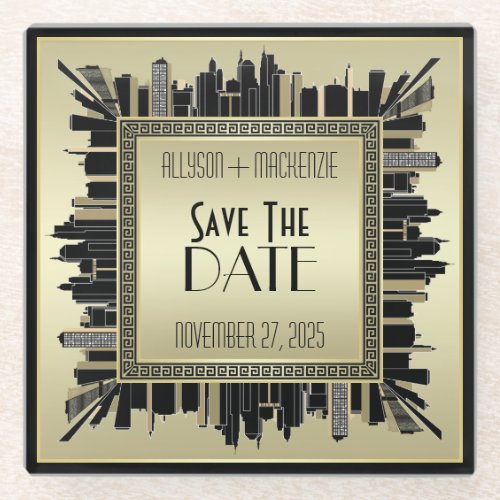 Save the Date Art Deco Champagne Gold Gatsby Glam Glass Coaster