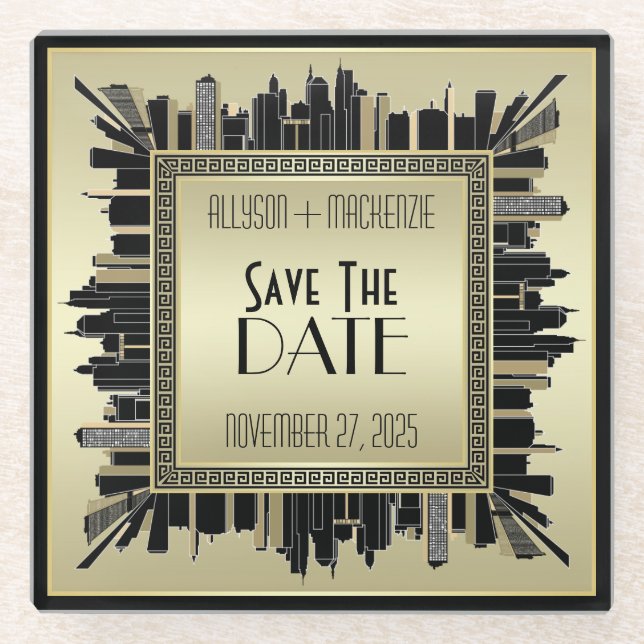 Save the Date Art Deco Champagne Gold Gatsby Glam Glass Coaster (Front)
