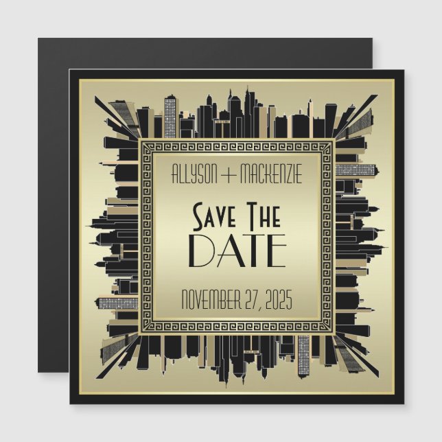Save the Date Art Deco Champagne Gold Gatsby Glam Magnetic Invitation (Front/Back)