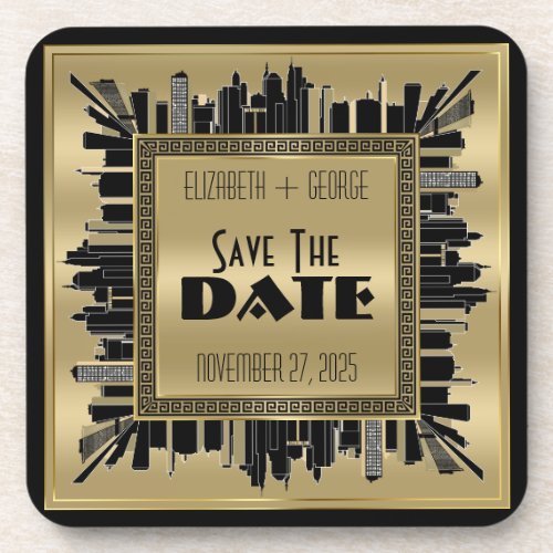 Save the Date Art Deco Gatsby Glamour Gold Black Beverage Coaster