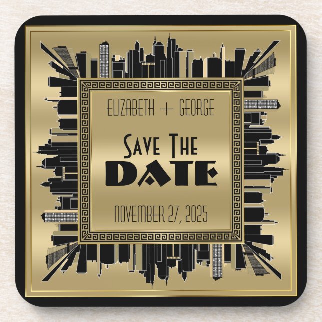 Save the Date Art Deco Gatsby Glamour Gold Black Beverage Coaster (Front)