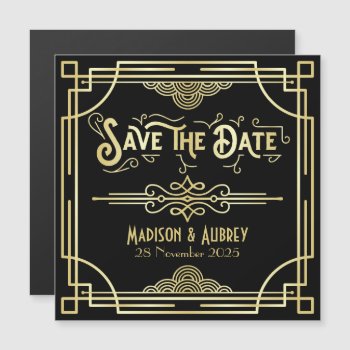Save The Date Art Deco Gatsby Glamour Gold Black Magnetic Invitation by BCVintageLove at Zazzle