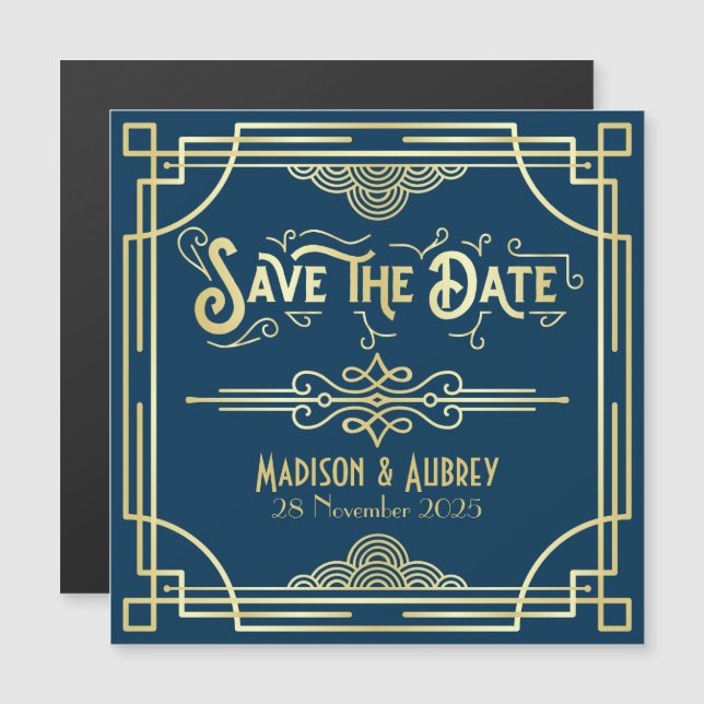 Save the Date Art Deco Gatsby Glamour Gold Blue Magnetic Invitation (Front/Back)