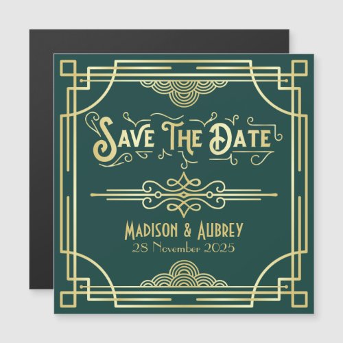Save the Date Art Deco Gatsby Glamour Gold Green Magnetic Invitation