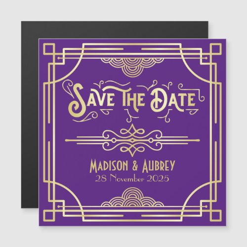 Save the Date Art Deco Gatsby Glamour Purple Black Magnetic Invitation