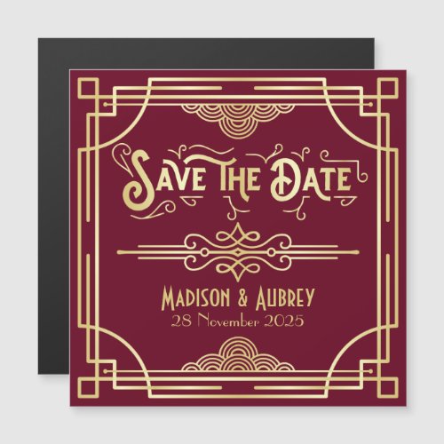 Save the Date Art Deco Gatsby Gold Burgundy Magnetic Invitation