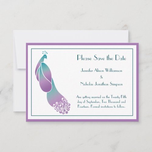 Save the Date Art Deco Peacock in Purples and Teal