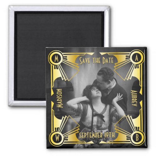 Save the Date Art Deco Wedding Gold  Black Photo Magnet