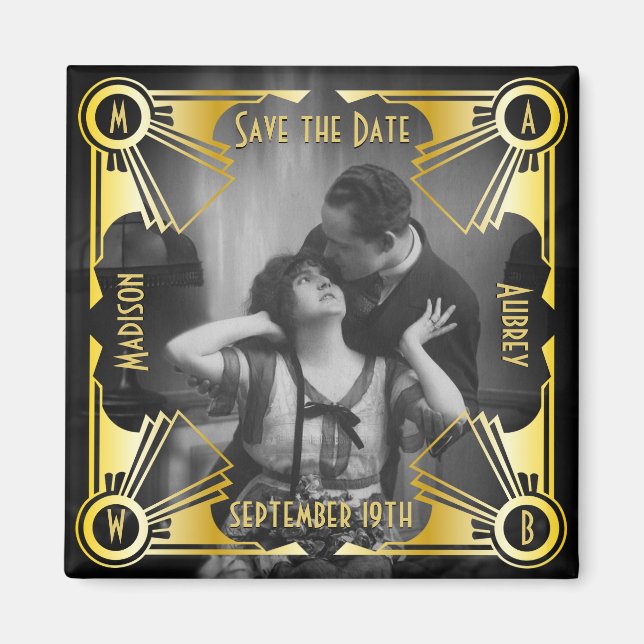 Save the Date Art Deco Wedding Gold & Black Photo Magnet (Front)