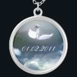 Save the date art pendant necklace, swans.<br><div class="desc">Save the date art pendant necklace, photo swans, nature jewelry. Pendant from my original photo montage, collage. 2 swans swimming between sky and sky on a lake, surrounded by mountains. Nice gift for nature lovers, animal lovers for any occasion for her! Add your own special date, or a name, a...</div>