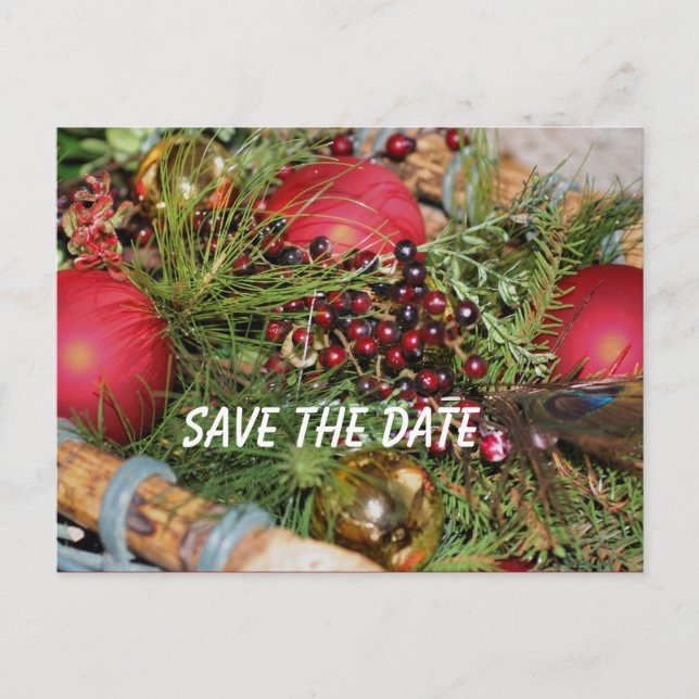 Save The Date Balls Beads Greens Holiday Postcard (Front)