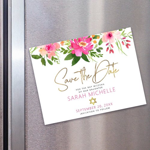 Save the Date Bat Mitzvah Gold Script Pink Floral Magnetic Invitation