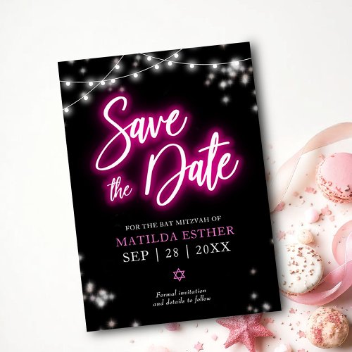 Save the Date Bat Mitzvah Hot Pink Neon Themed