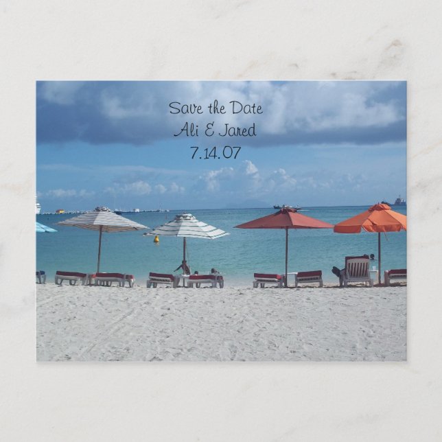 Save the date- beach destination wedding announcement postcard (Front)