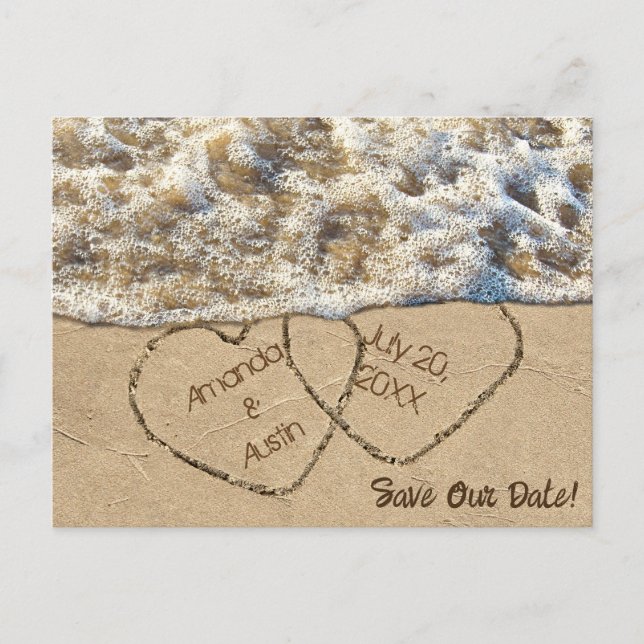 Save The Date Beach Hearts Announcement Postcard (Front)