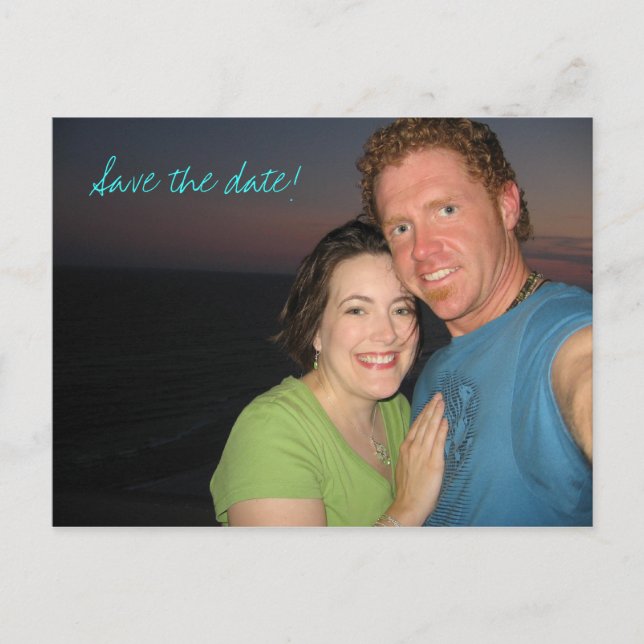 Save the date!, beach wedding announcement postcard (Front)